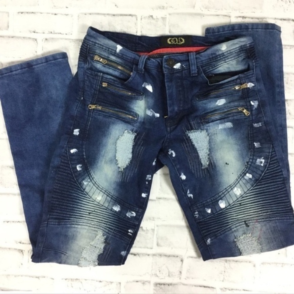 Gold leaf jeans Denim biker paint‎ splatter skinny fit pants apocalyptic 30 x 30